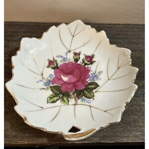 Vintage Leaf Shaped Trinket Dish Porcelain Rose Floral Gold Trim Accent